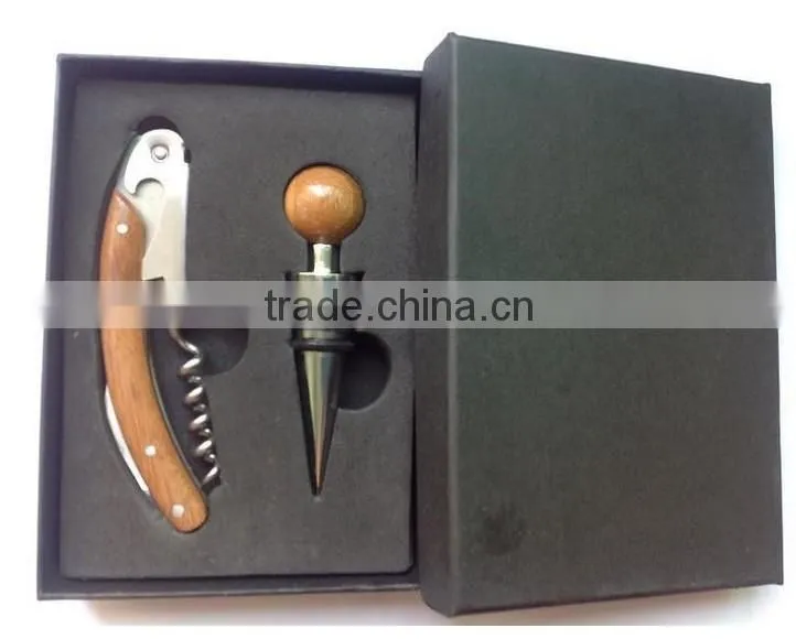 banboo handle multifunction corkscrew and wine stopper black paper box gift set