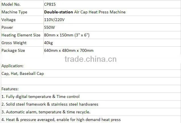 2015 CE Approved Pneumatic Double Stations Cap Heat Press Transfer Machinery Cap Press Cap Sublimation