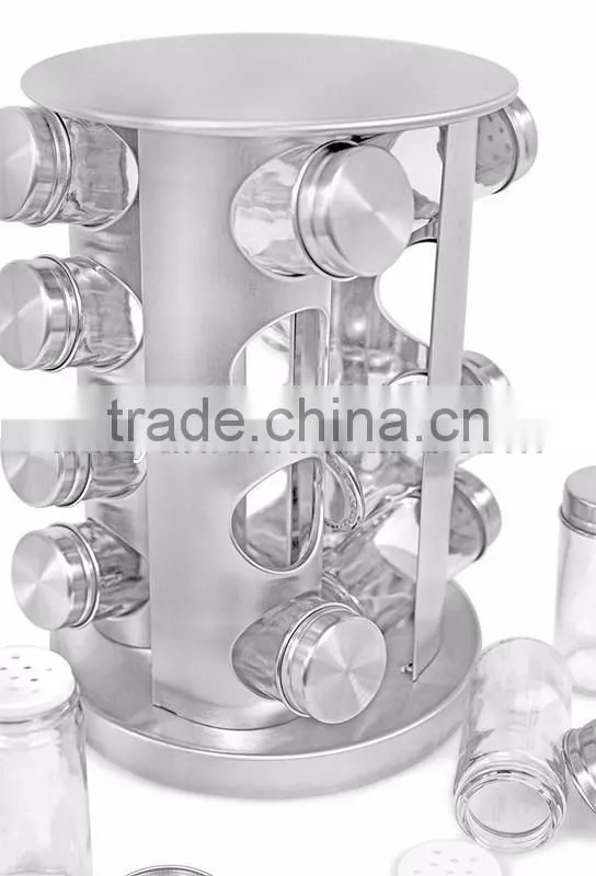 12 jars Glass Condiment Kitchen Set Stainless Steel Revolving Spice Rack set
