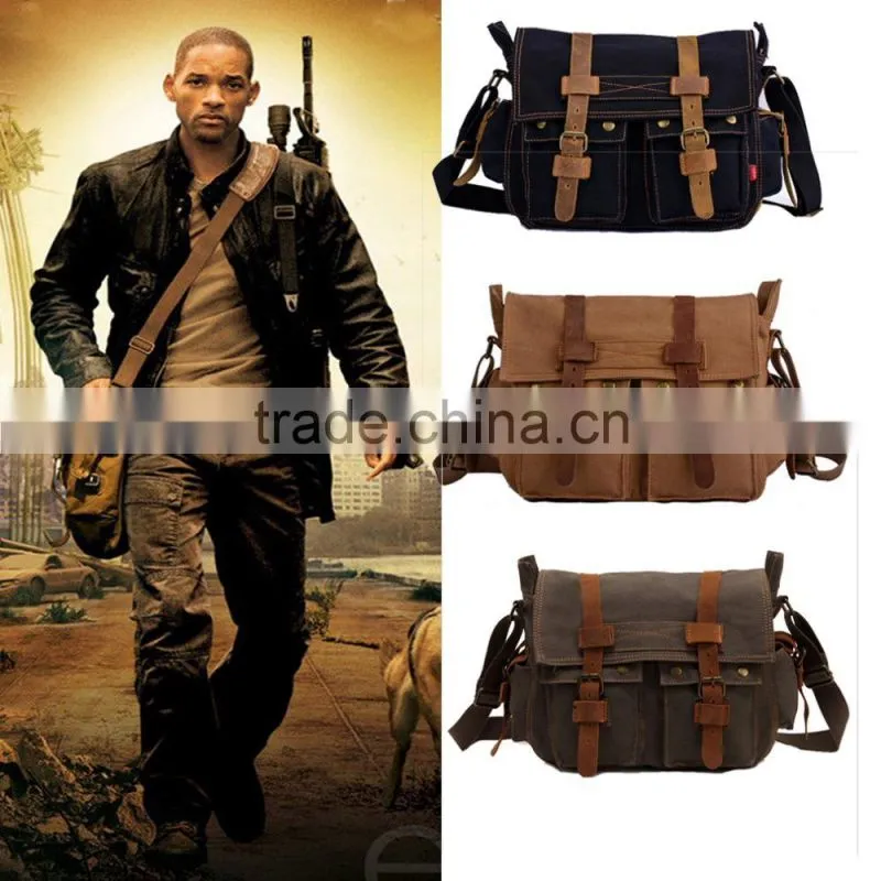 Men's Vintage Canvas Shoulder Bag Leather Satchel School Military Two Sided Shoulder Bag Messenger Bag