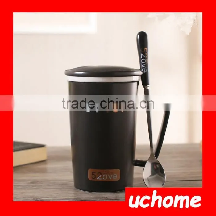 UCHOME Black And White Ceramic Couple Milk Mug Cups With Lid And Spoon