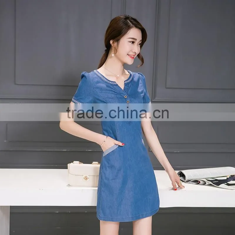 Lastest design oem spring blue v-neck short sleeve denim wash double shirt ladies dresses