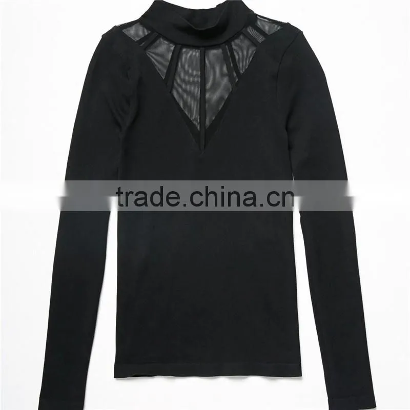 2017 OEM Super Stretchy Cool Sheer Cage Mock Neck Blouse Shopping