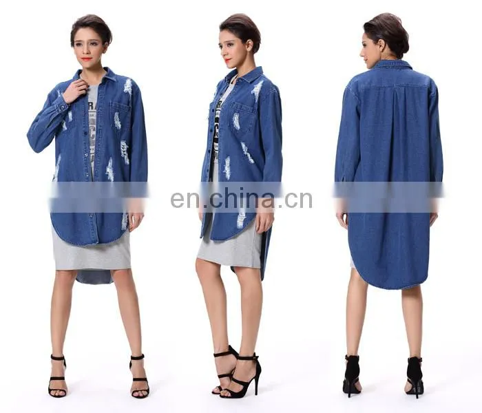 2015 NEW Women long loose shirt Denim shirt dress Denim shirt dress