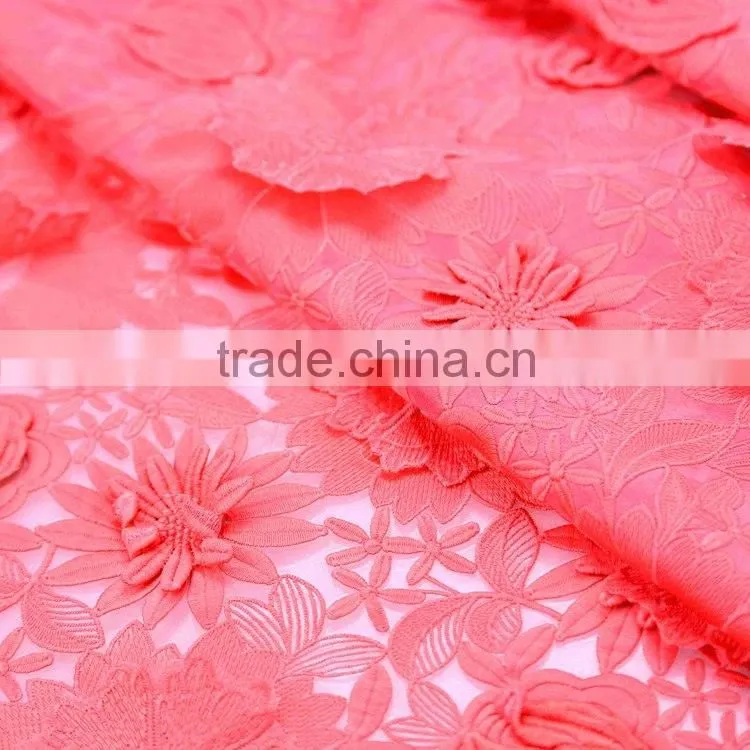 Factory direct supply hot selling red flower lace embroidered 3d mesh fabric for fashionable woman