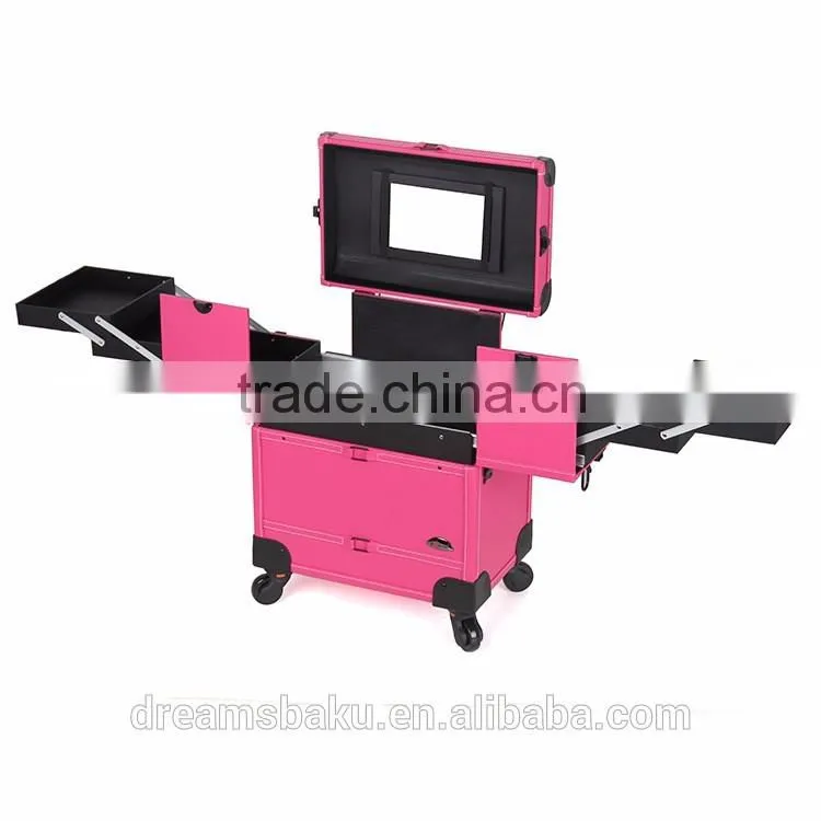 Beauty Design 4 Wheels Functional portable rolling Makeup case with drawers