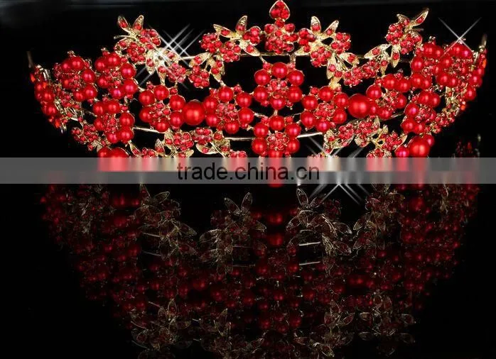 2015 New and Hot Selling The Bride Crown Bright Red Pearl Diamante Wedding Accessories