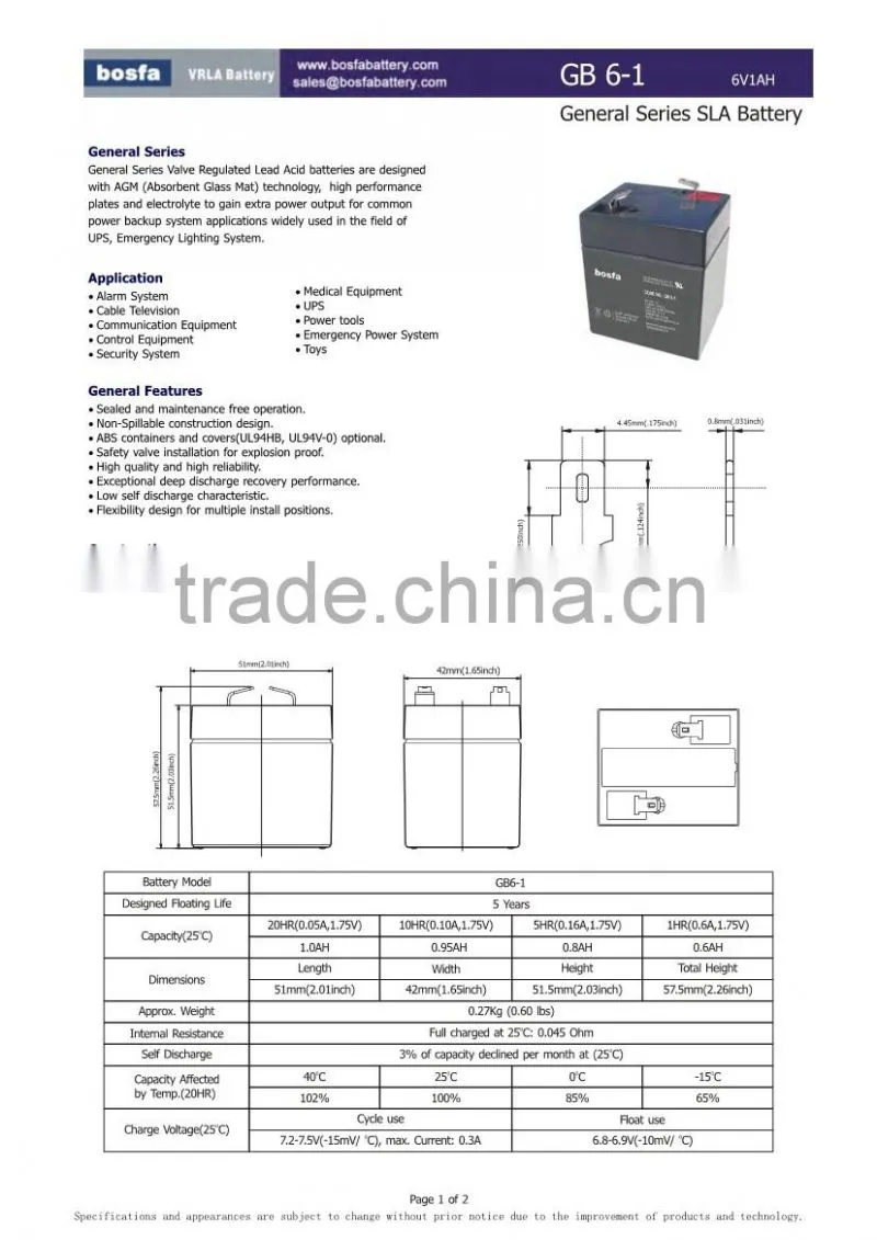 GB6-1 6v smf 6v1ah UPS battery 6v 1.2ah battery