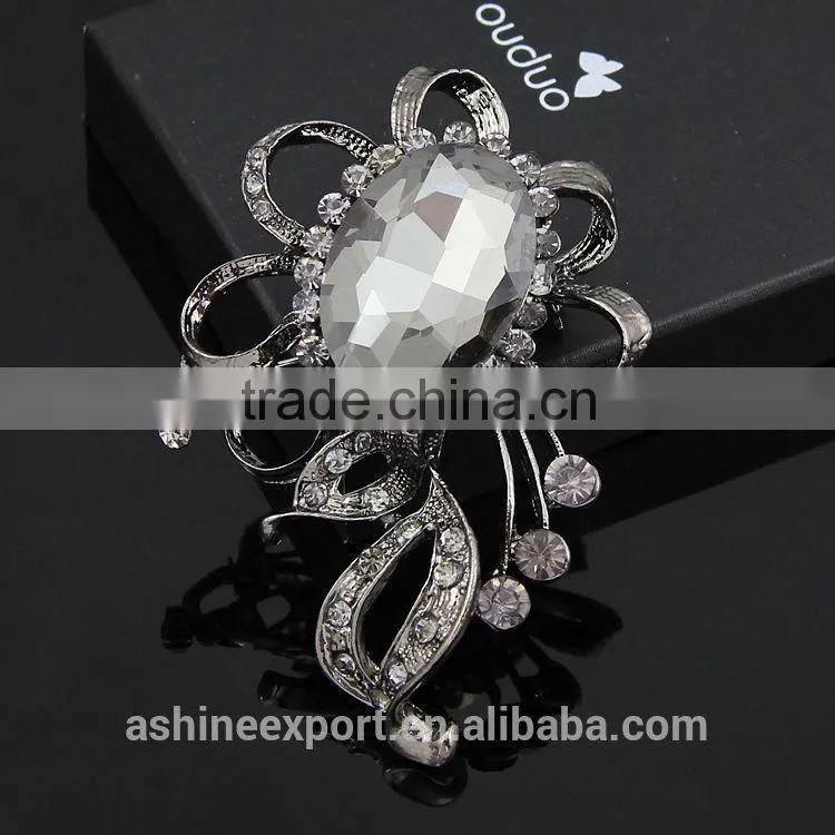 Gun black hollow ribbon shape bulk crystal rhinestone flower brooch/handmade rhinestone brooch