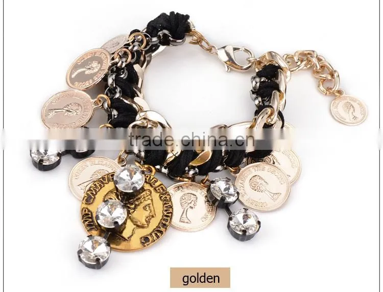 Handmade gold plating alloy cion shape charm bracelet jewelry for women wholesale 2016
