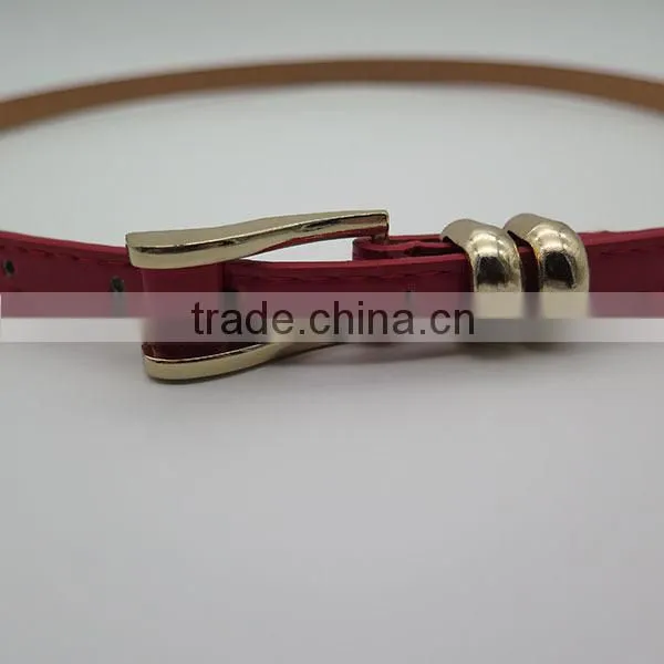 Gold plated alloy buckle leather girl's red skinny belt