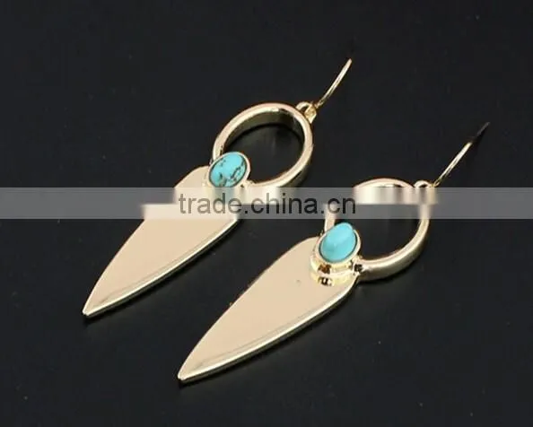2016 Unique Fashion Design Gold Plated Polishing Turquoise Drop Earrings