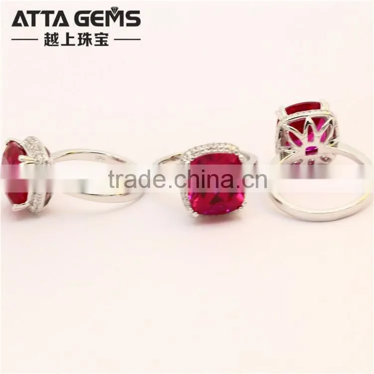 beautiful cushion shape synthetic ruby sapphire gemstone 925 silver ring for girl