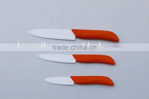 Elegant design handle in orange color ceramic knife fruit knife+paring knife+utility knife set in acrylic stand