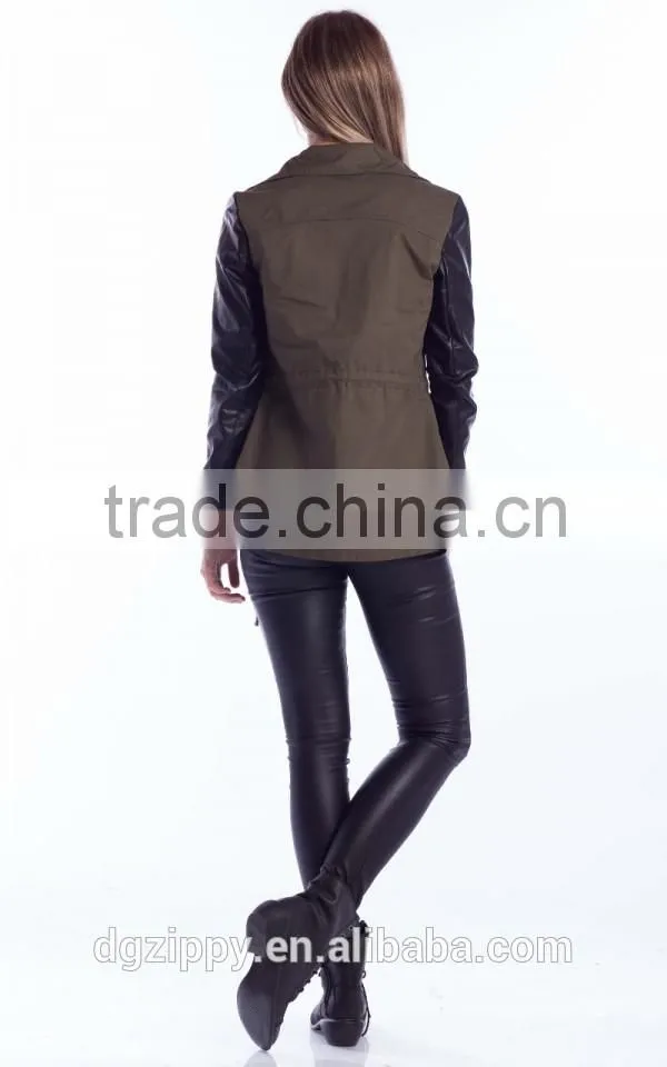 Fashion PU sleeve khaki color winter parka coats for girls
