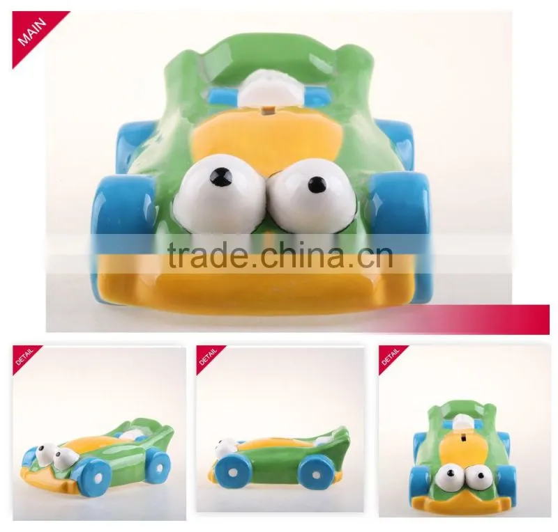 Hot selling car shape kids piggy bank ceramic money box with handle