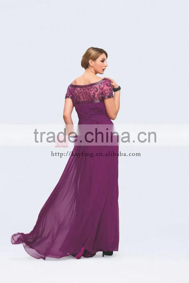 2014 Latest design short sleeve beaded and ruffle chaozhou evening dress