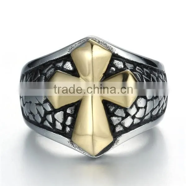 Gothic restro gold cross 316L stainless steel ring for men