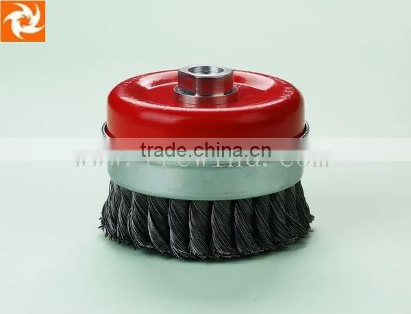 red-painted twisted knot wire cup brush with bridle ring