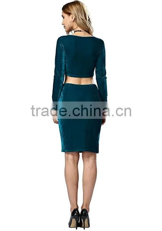 Dropshipping Apparel 2017 Latest Fashion Women's Pleuche Sexy Bodycon Crop Top Midi Skirt Dress 2 Piece Outfit Set