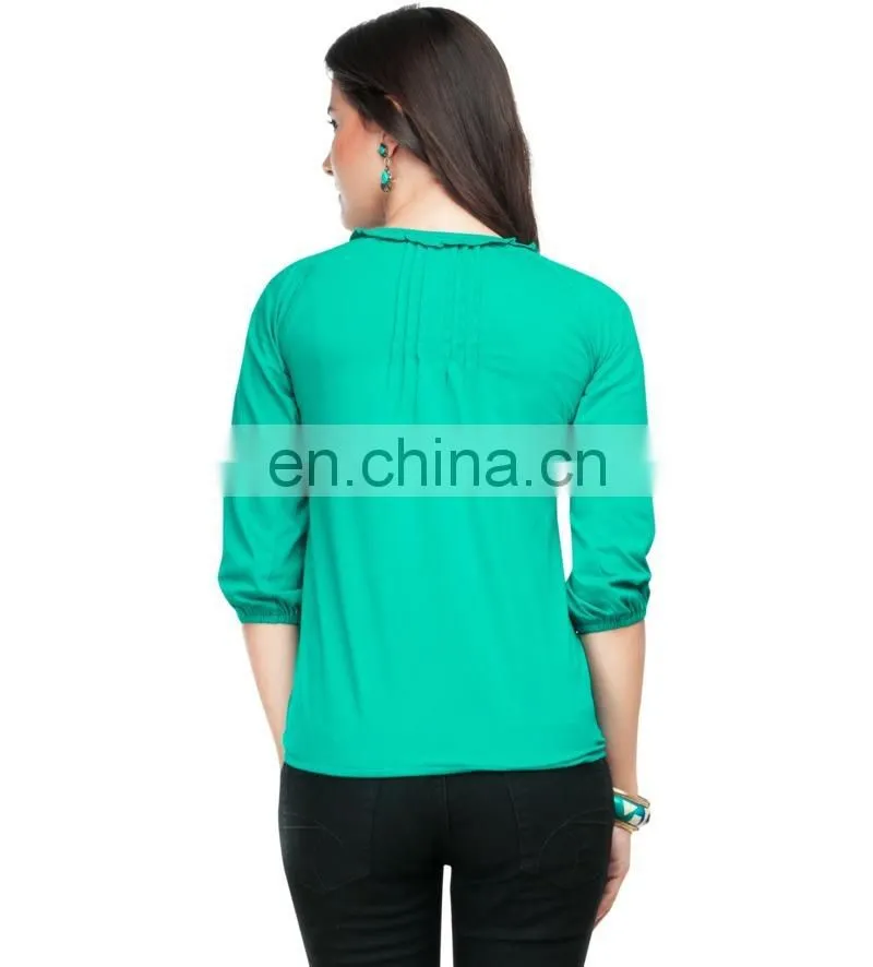 Sea Green Pintucks And Ruffle Top Oem factory direct light weight chiffon frill collar blouse with front pintuck