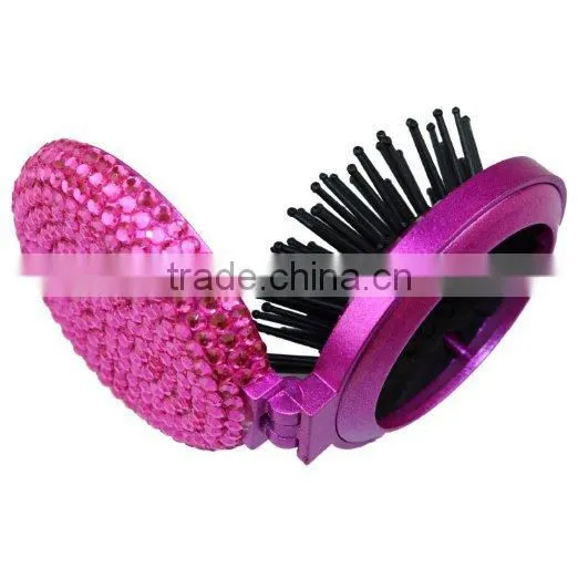 2-in-1 Bling Bling Folding Makeup Mirror with Massaging Hair Brush