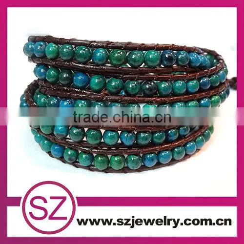 2013 fashion jewelry 5 wrap gemstone bead leather bracelet