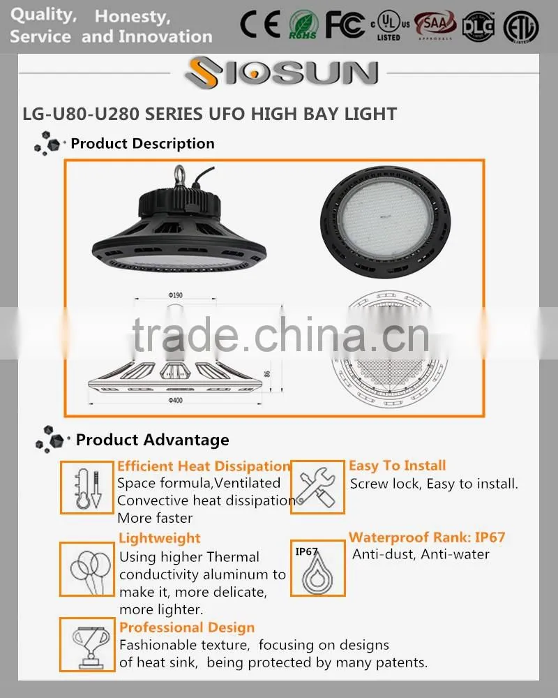 2016 New 280W IP67 31640Lumens UL DLC Listed Industrial UFO LED High Bay Light