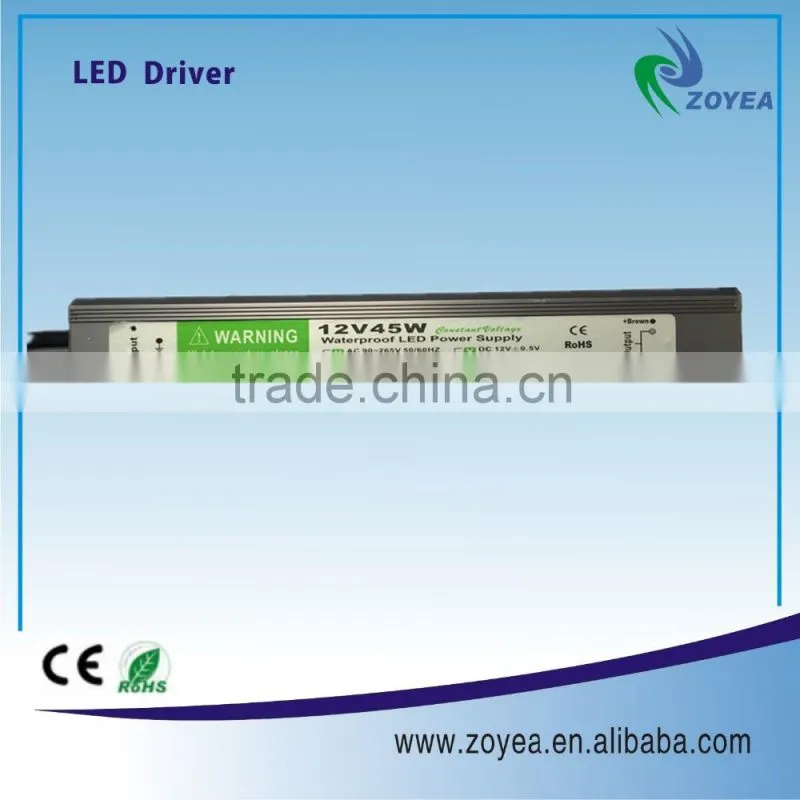 Waterproof ip67 constant voltage 45w 12vdc slim led power supply led strip lighting driver