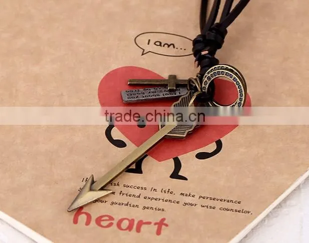 long men Vintage Alloy arrow Pendant Leather Cowhide Lanyard Necklace