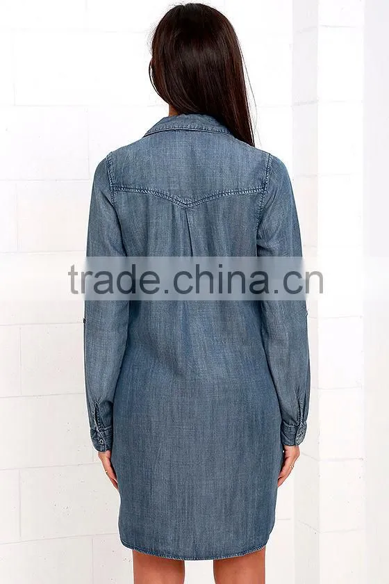 2016 New design women shirt dress long sleeve denim dress for women casual wear