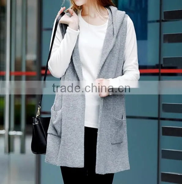 fashion knitted sweater vest, women cardigan sleeveless sweater vest with hood