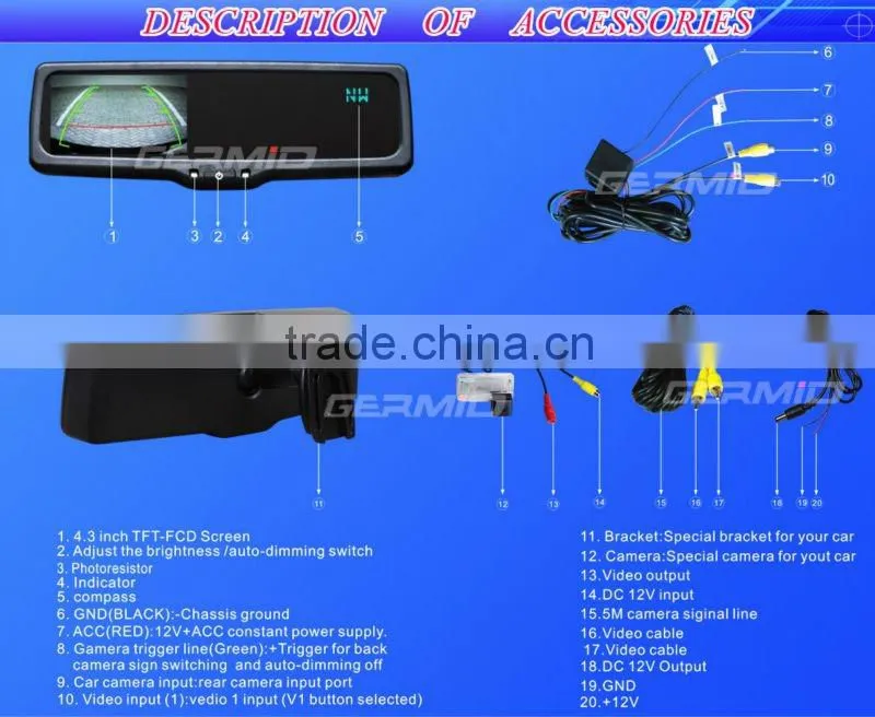 4.3 inch lcd mirror for civic reversing camera kit ,mens control vest