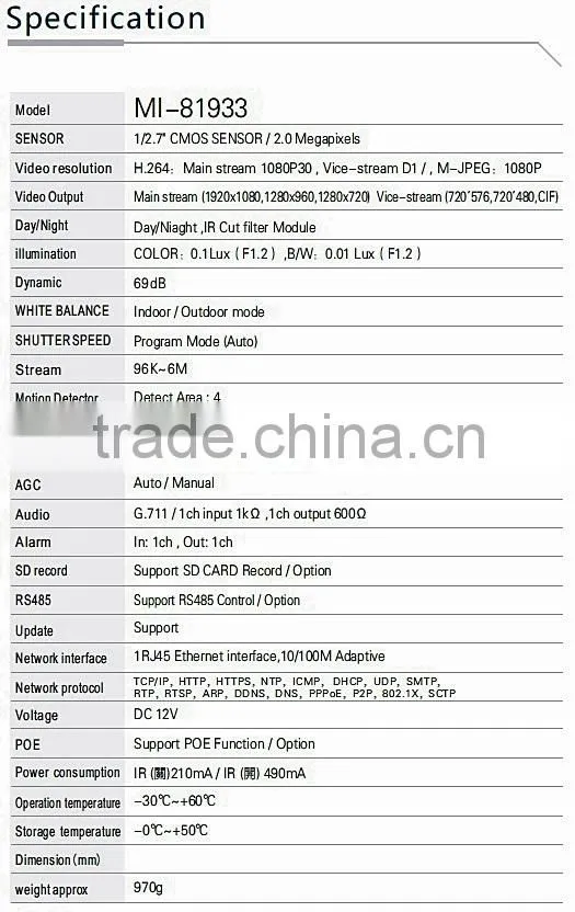 MI-81933 2.0MP CMOS H.264 Night Vision Camera