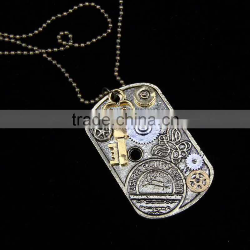2015 yiwu fashion imitation jewelry steampunk necklace dog tag gear steam key butterfly pendant cameo statement necklace