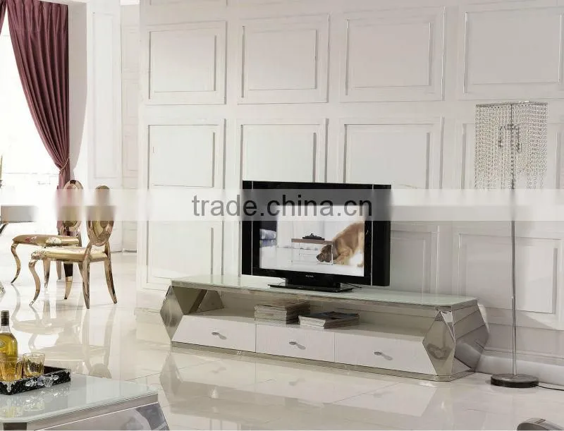 2016 modren design E371 home furniture stainless and MDF+tempered glass lcd TV stand