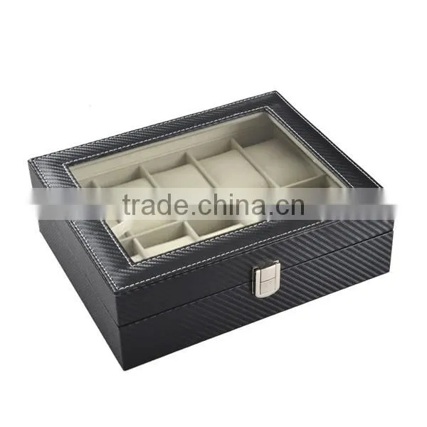10 Slot Display Carbon Fiber Stripe Packing Box For Watch, With Acrylic Window Gift Package Boxs