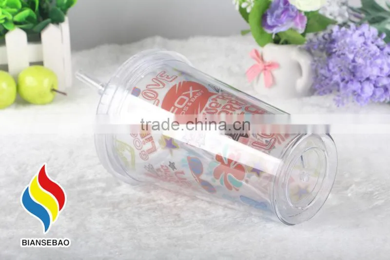 Double wall 16 oz plastic tumbler with paper insert for beverage