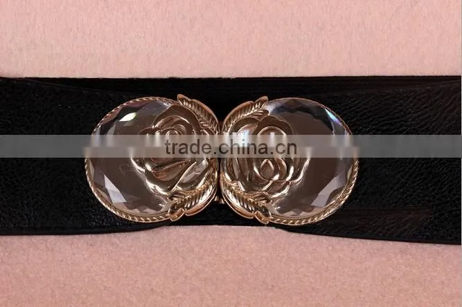 Wholesale stone inlaid flower pattern buckle sex women lady wide PU waist belt