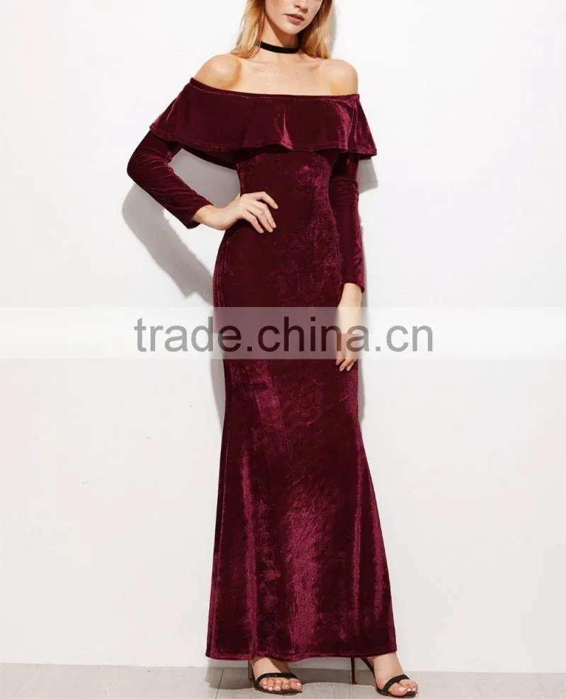 New Style Off the Shoulder Long Sleeve Flounce Layered Neckline Maxi Evening Dress Women New Sexy Fishtail Velvet Dresses