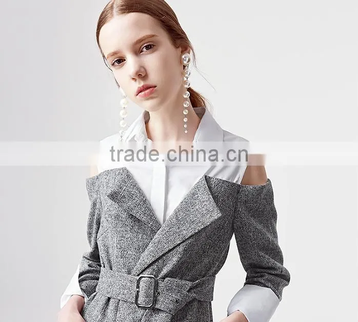 2017 new design cold shoulder long sleeve fake 2 piece shirt
