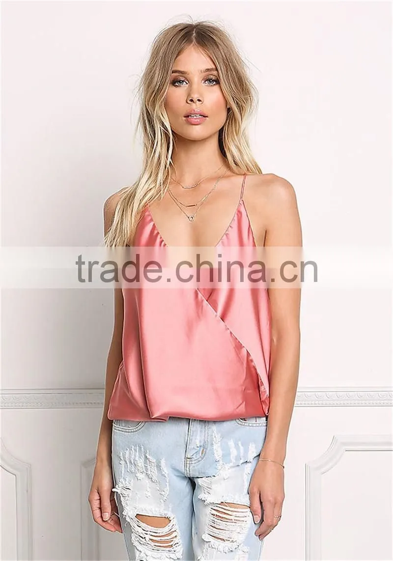 MGOO Foshan Factory Made Pink Satin Cami Sleeveless Strap Girls V Neck Summer Tops Women Blouses