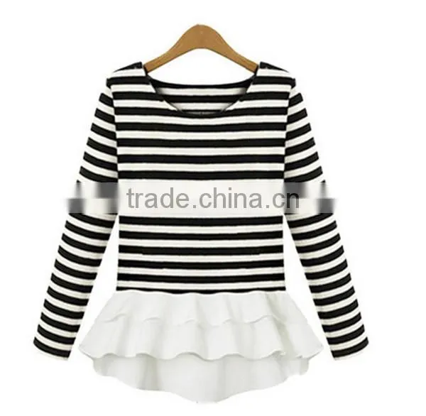 Autumn latest design round neck ivory long sleeve chiffon stitching knitting striped printing t shirt design