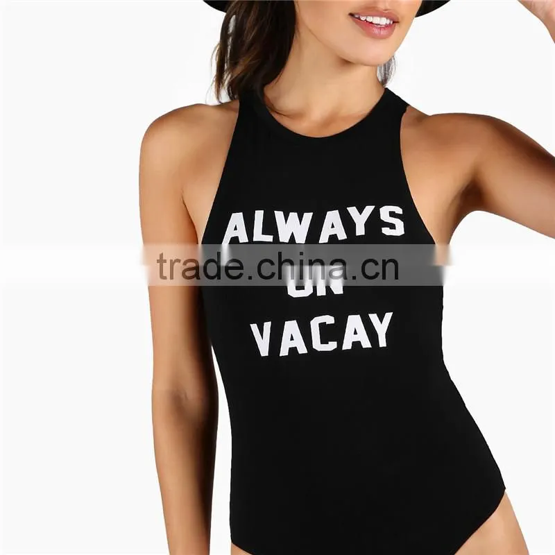 Modal Rayon Spandex Black Pattern Print Round NeckSlogan Print Racer Front Bodysuit