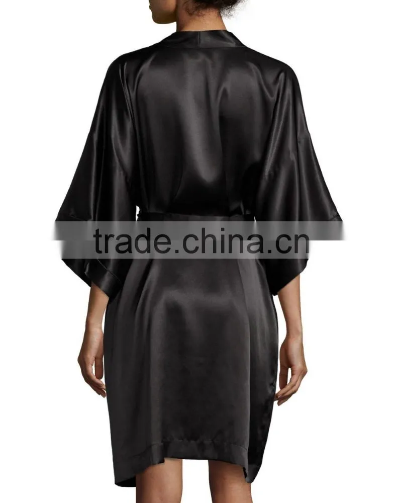 Contrast-Trimmed silk kimono robes night gown satin bathrobe