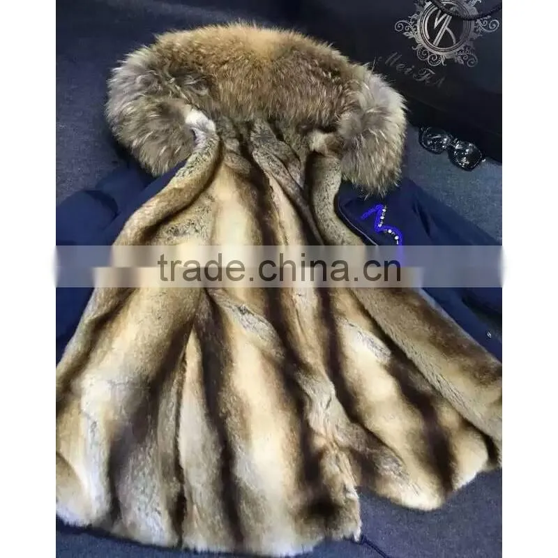 2016 New arrival Dark blue Winter jacket France beading with faux fur apricot lining coats