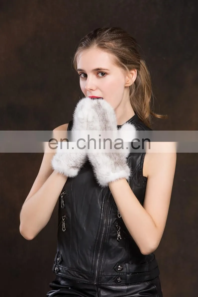 Lady Cute New Product Real Mink Fur Knitting Fingerless Gloves Fashion Fur Cuffs Gloves