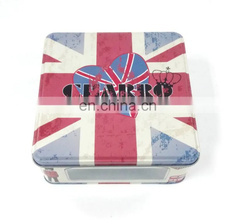 Matte varnished flags pattern pierced bottom present tin box
