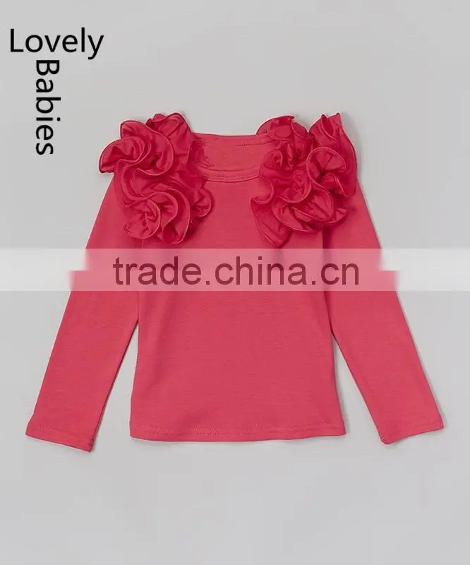 Fashion clothing 2016 for kids hot pink ruffle shoulders tops