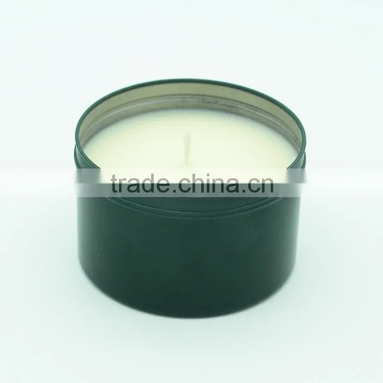 silvery tin scented soy candle with custom sticker